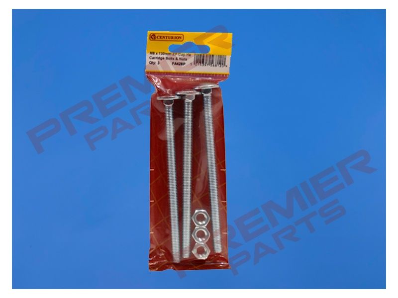 M8 x 130mm ZP Cup Sq Hex Carriage Coach Bolts &amp; Nuts (Pack of 3)