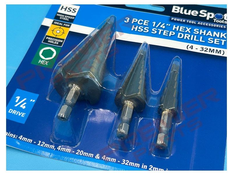 3 PCE Hex Shank HSS Step Drill Set (1/4&quot; Hex Shank) (4 - 32mm)