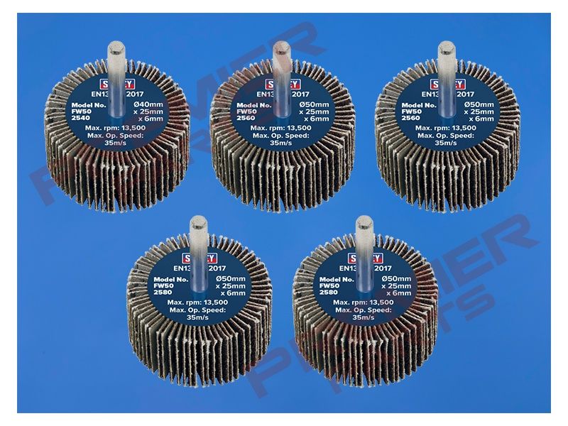 50 x 25mm Abrasive Flap Wheel with 6mm Shaft Assorted Grit - Pack of 5