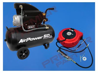 50LTR AIR COMPRESSOR PACK WITH TYRE INFLATOR AND HOSE REEL