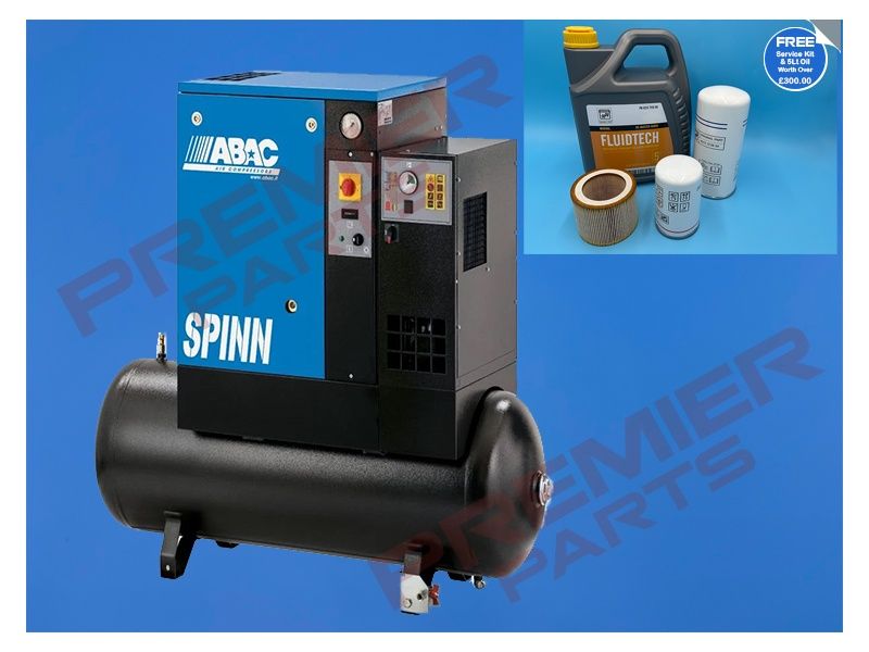 ABAC 4152055001 Screw Air Compressor - SPINN 7.5E 10 400/50 200 E CE Receiver Mounted with Dryer 200L 34.7CFM 10Bar 10HP &amp; FREE Service Kit.