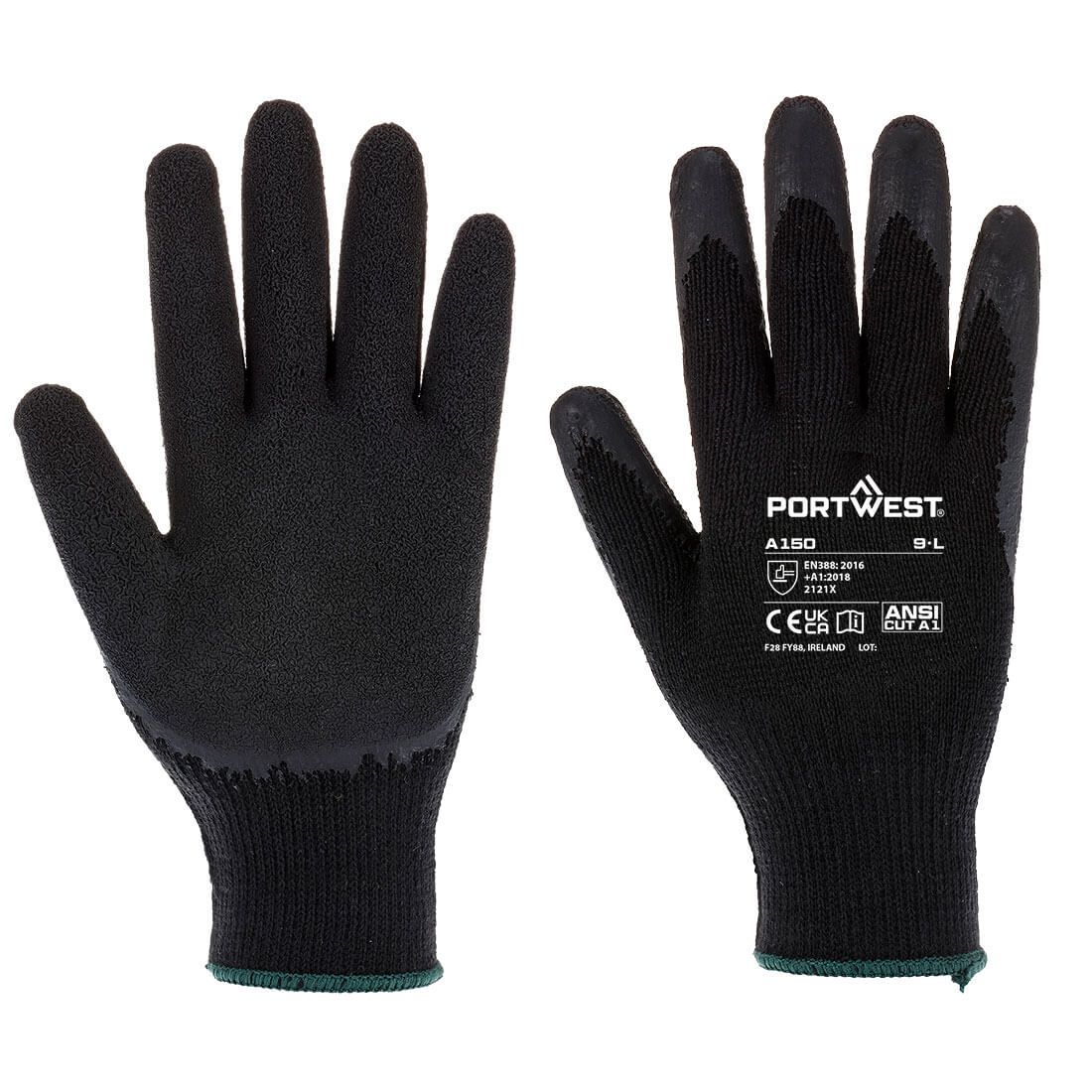 PORTWEST A150 - Classic Grip Gloves - Latex Black, Size: MED