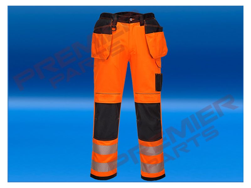 PW3 Hi-Vis Holster Pocket Work Trousers T501, Colour: Orange/Black, Length: Regular, Size: 28"