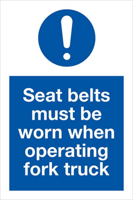 Mandatory sign blue background white text, White exclamation mark in blue circle