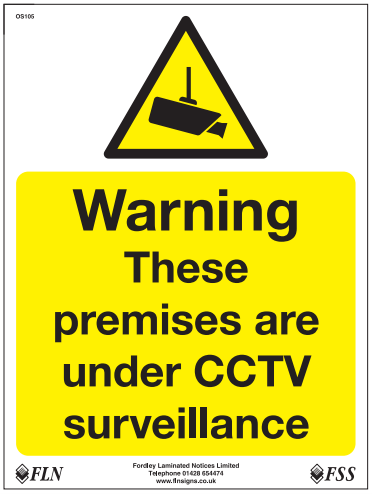 Yellow background warning sign black text Premises Under CCTV Surveillance, symbol of cctv camera in triangular frame at top