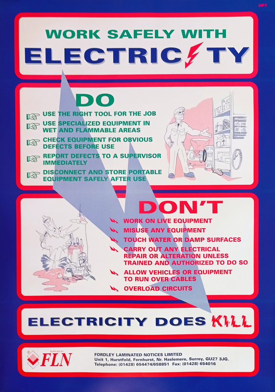 A brightly coloured poster illustrating the Do's and Don'ts of working with Safely with Electricity. The Do Section lists a number of good practices in working with electricity and is emphasised by a cartoon style worker.  Below the Do section the Don't section is laid out in similar style.  The tag line is Electricity Does Kill