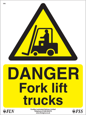 Danger Fork Lift truck text sign, yellow background black text and symbol of fork lift truck