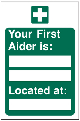 First Aid sign, green background, white text.  Top says Your First Aider is:, two blank white rectangular spaces below for names, followed by Located At: with blank rectangular space below