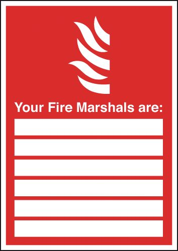 Red portrait aligned sign with white pictogram of fire and bold text Fire Marshalls with six blank white sections below to allow names of Marshalls to be entered