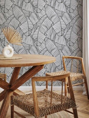 Banana Leaf Black &amp; White Wallpaper