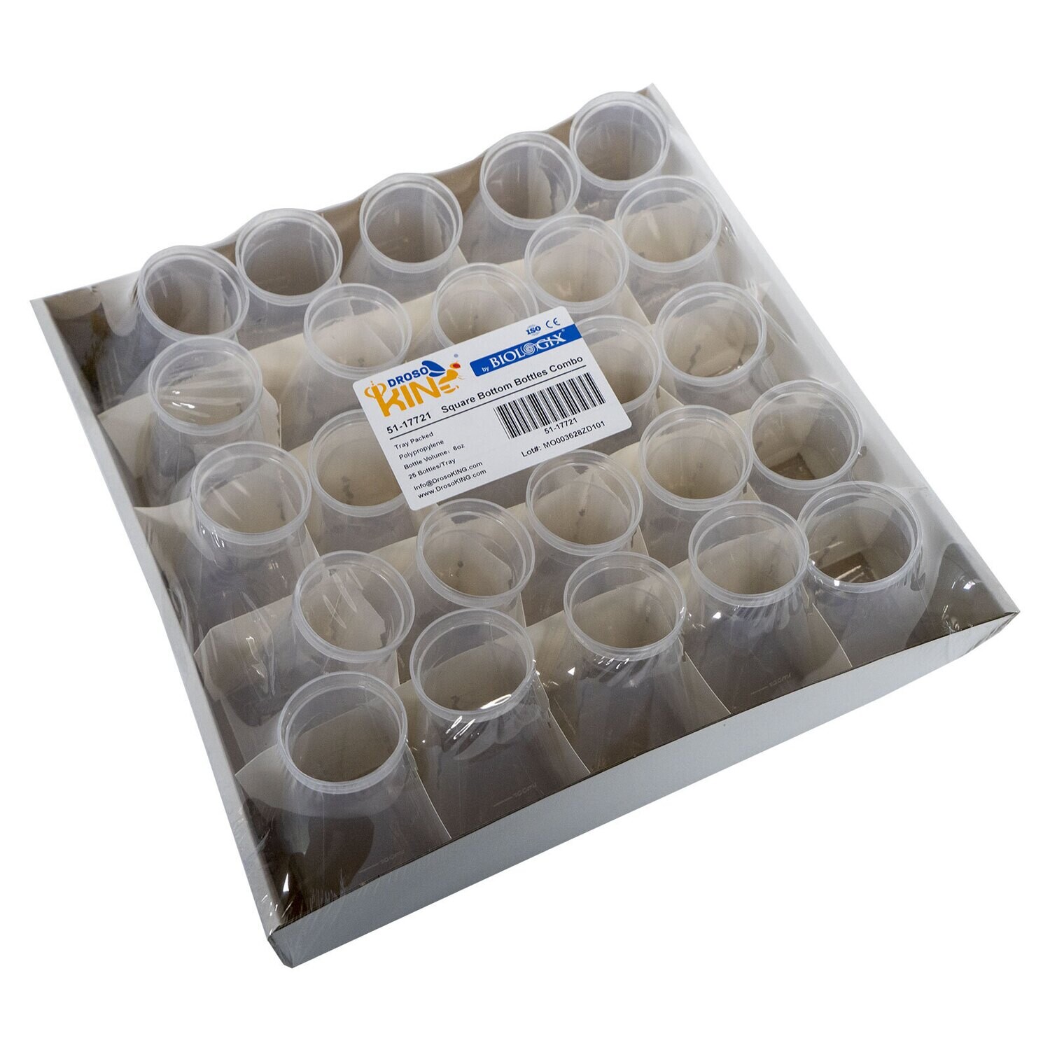 DrosoKING® Drosophila Square Bottom Bottles Combo, 6oz (177ml), 25 Bottles/Tray, 8 Trays/Case