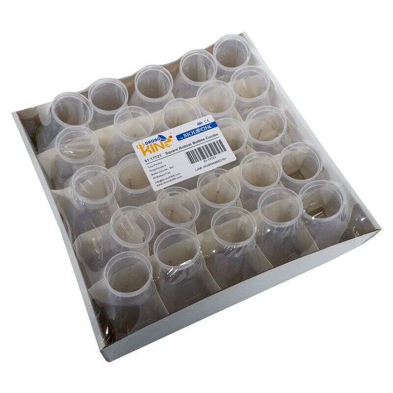 DrosoKING® Drosophila Square Bottom Bottles Combo, 6oz (177ml), 25 Bottles/Tray, 8 Trays/Case