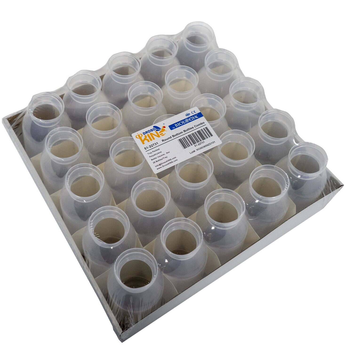 DrosoKING® Drosophila Round Bottom Bottles Combo, 8oz (227ml) , 25 Bottles/Tray, 4 Trays/Case