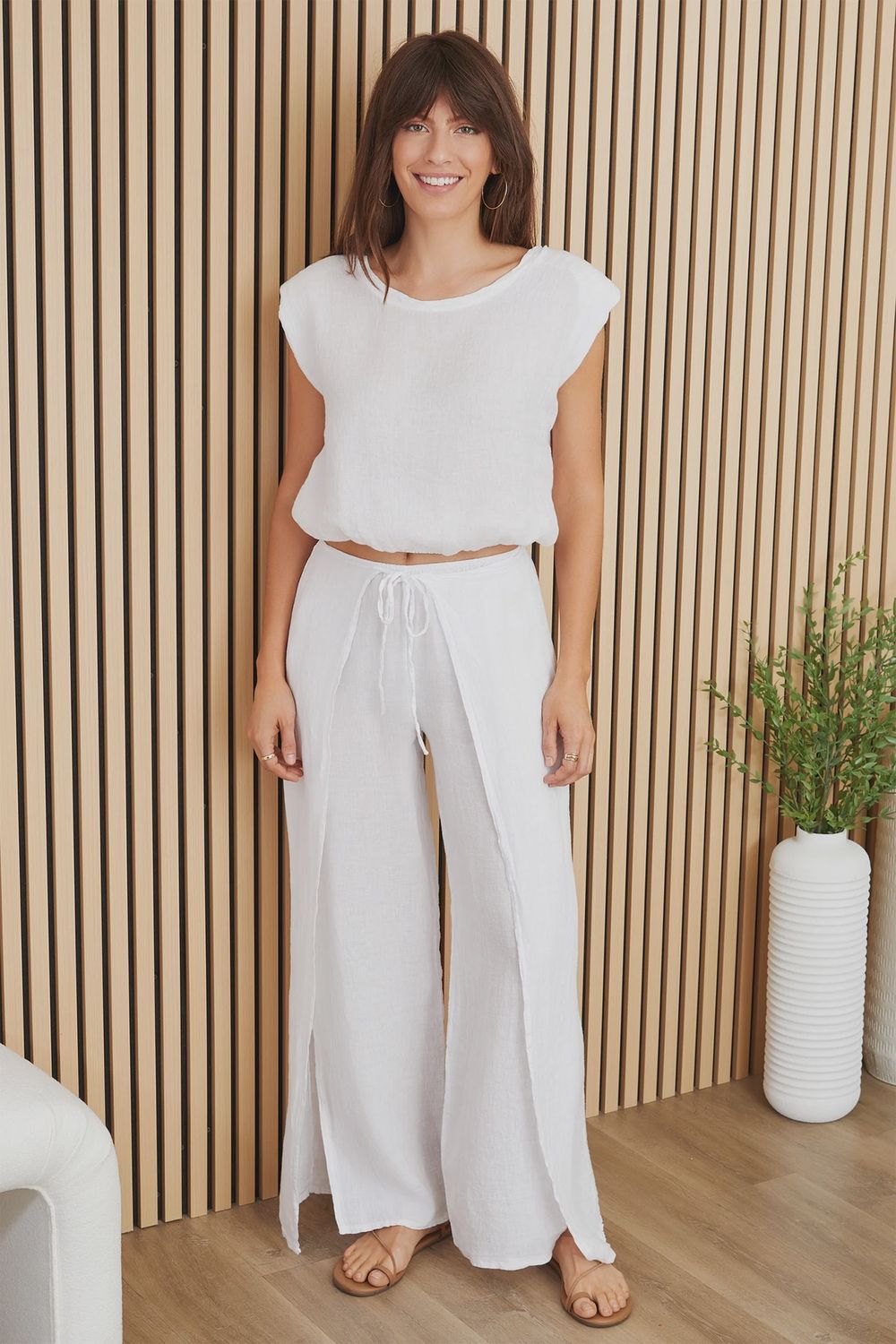 Linen Pants with Side Panel - White