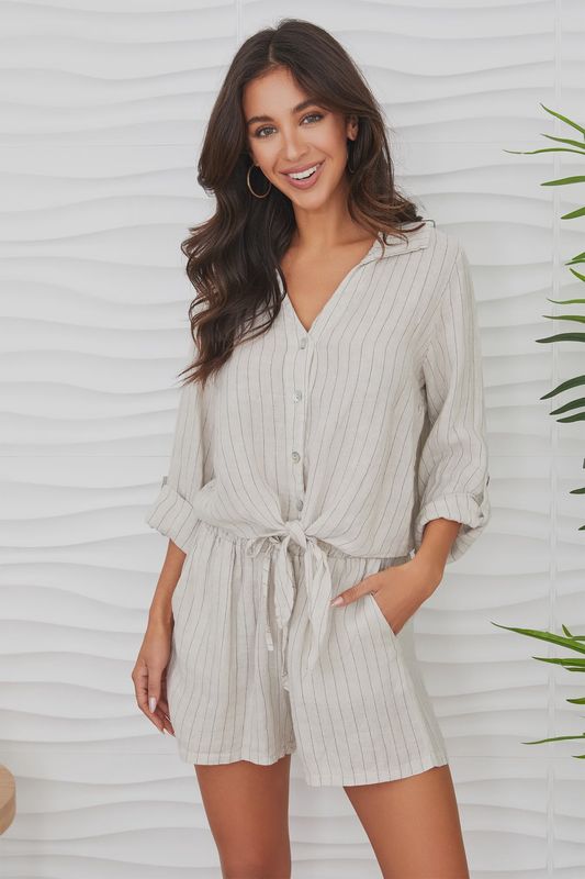 Pinstripe Linen Tie Front Blouse - White