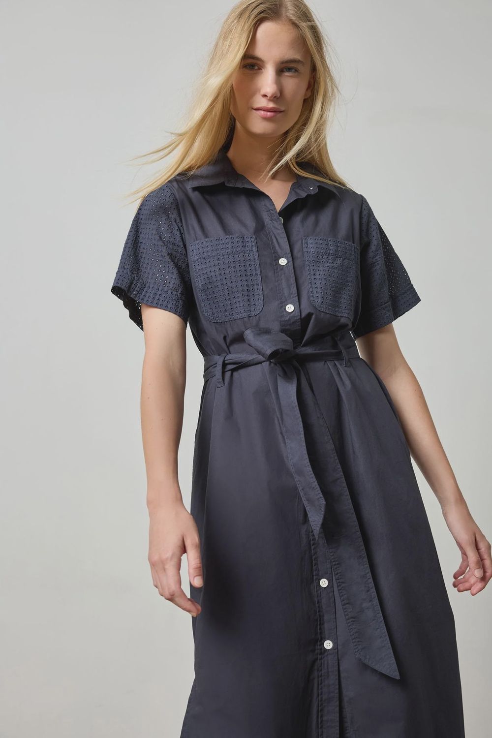 Eyelet Trim Maxi Shirt Dress - Navy