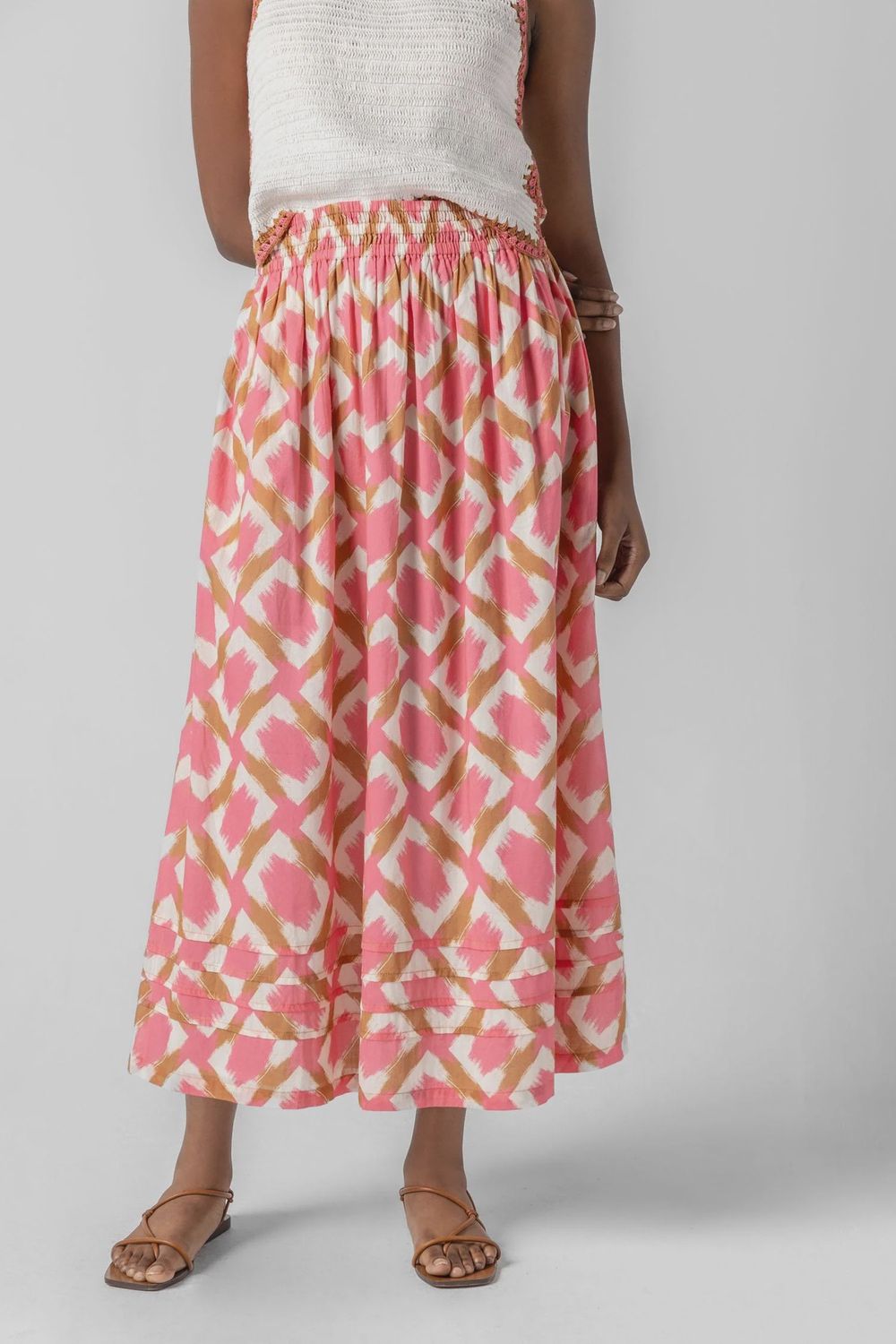 Shirred Elastic Waist Skirt : Neutral Ikat Print