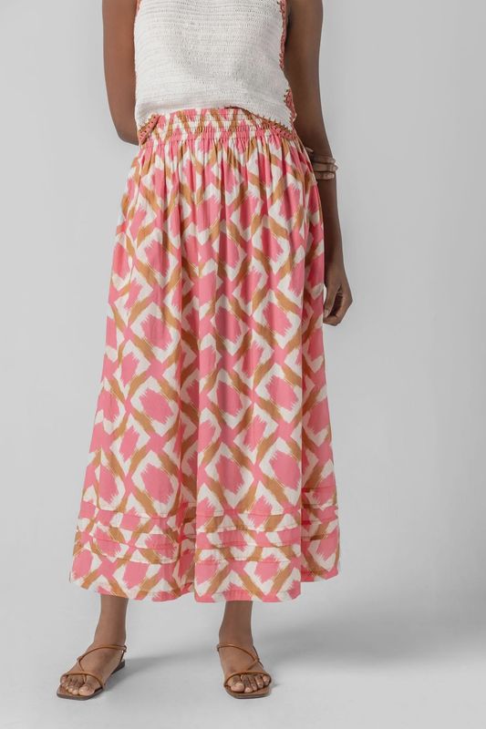 Shirred Elastic Waist Skirt : Neutral Ikat Print
