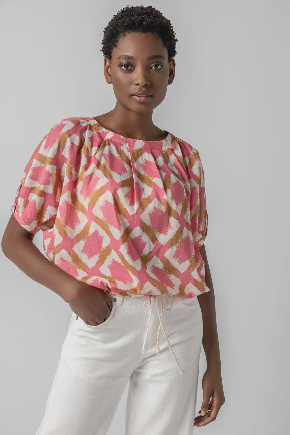 Short Sleeve Tie Waist Top : Punch Ikat Print