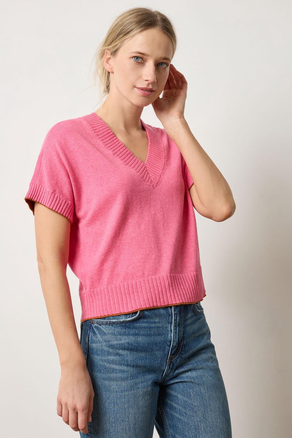 Short Sleeve V-Neck Pullover Sweater : Calypso