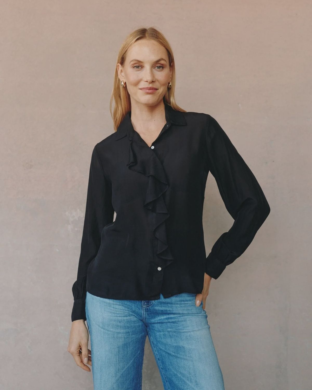 Ruffle Front Shirt in Black