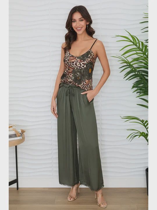 Viscose Distressed Hem Palazzo Pant - Army Green