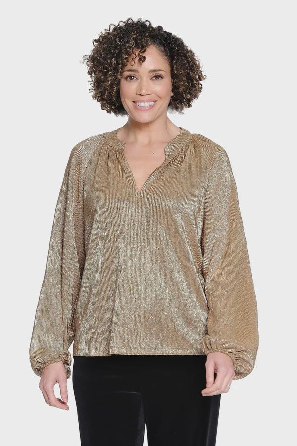 Metallic Split Neck Top - Gold