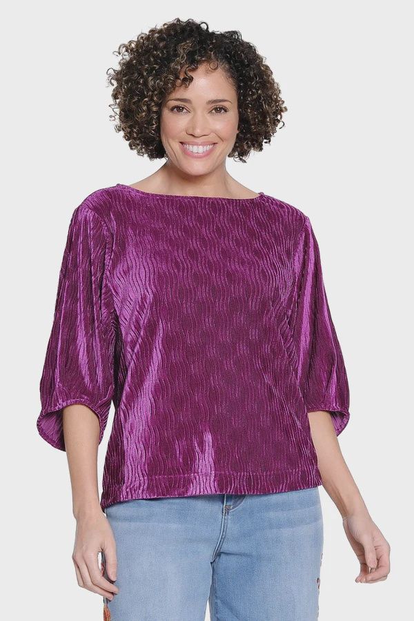 TIE NECK CRINKLE VELVET TOP - PLUM