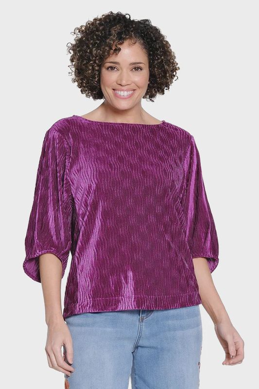 TIE NECK CRINKLE VELVET TOP - PLUM