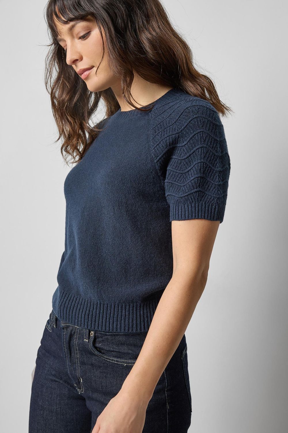 Textured Sleeve Sweater in Navy