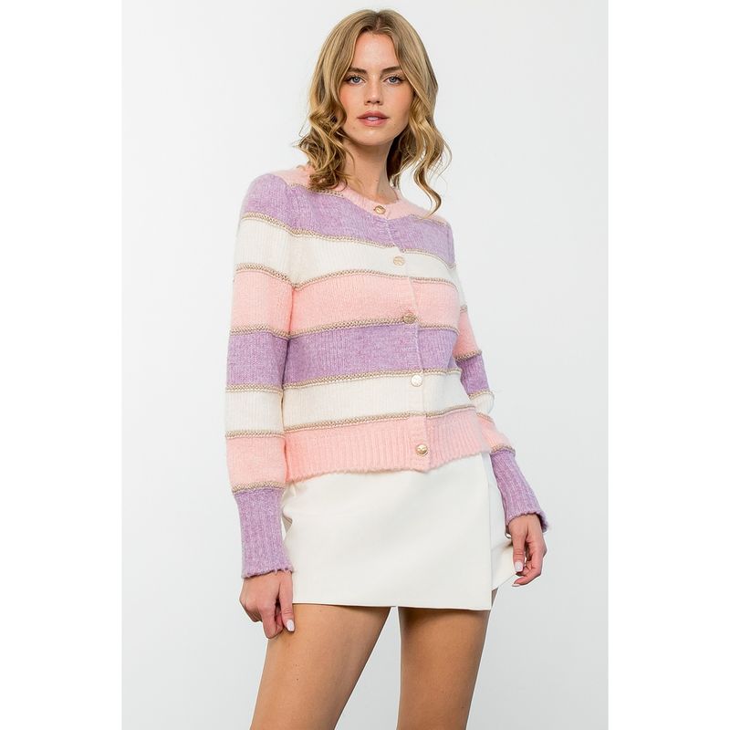 Colorblock Knit Button up Cardigan - Pink