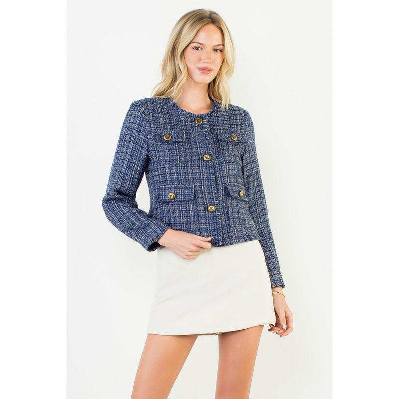 Fringe Hem Button up Tweed Jacket - Navy