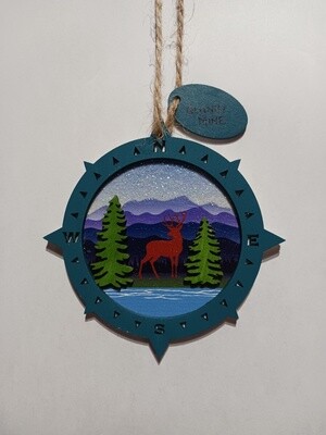 Laser Cut Wood Ornament Compass w/ Mountain Scene w/ Tag