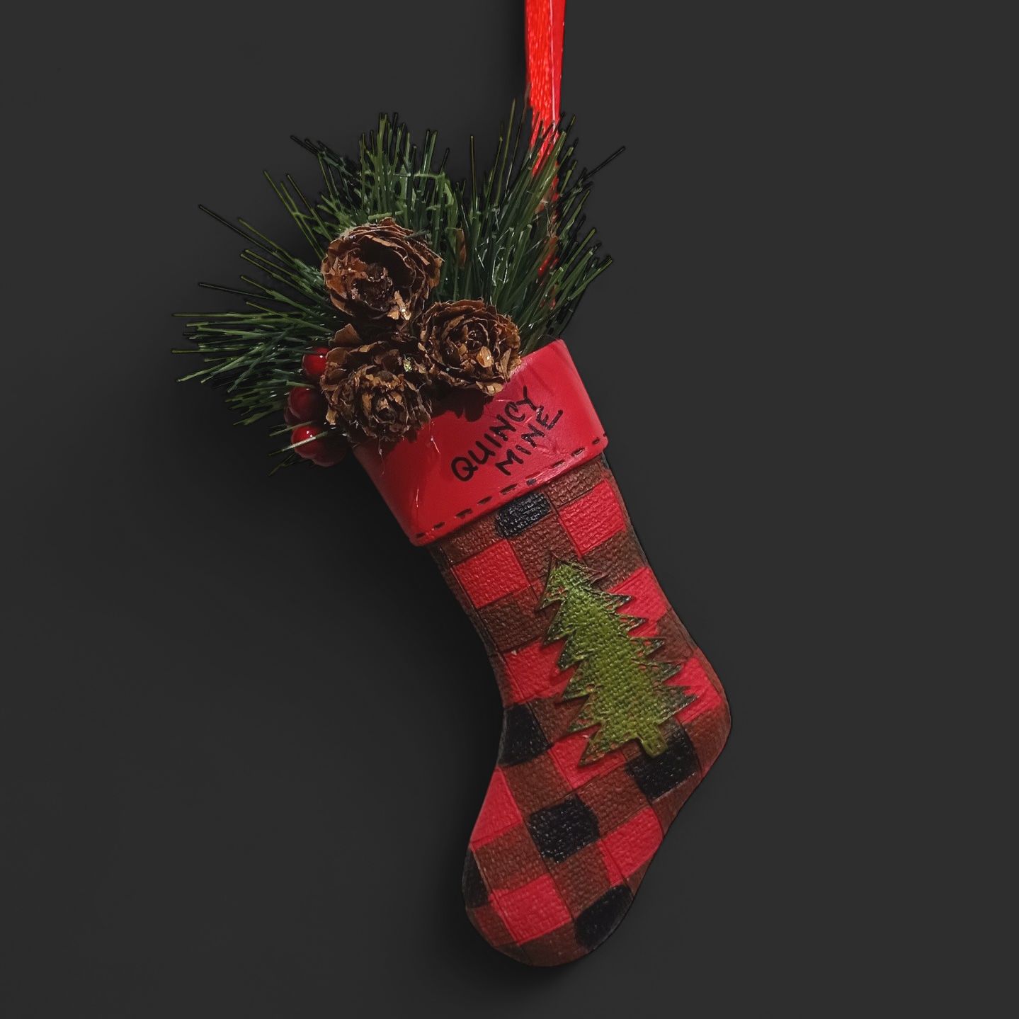 Resin Ornament Buffalo Plaid Stocking w/ Tree