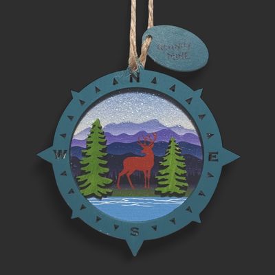 Laser Cut Wood Ornament Compass w/ Mountain Scene w/ Tag