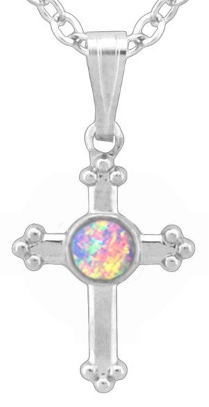 Pendant - Small silver cross with lab created opal