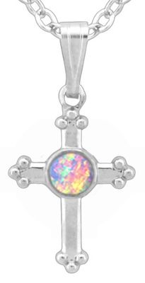 Pendant - Small silver cross with lab created opal