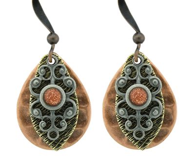 Earrings - Copper & Brass Teardrop with Goldstone