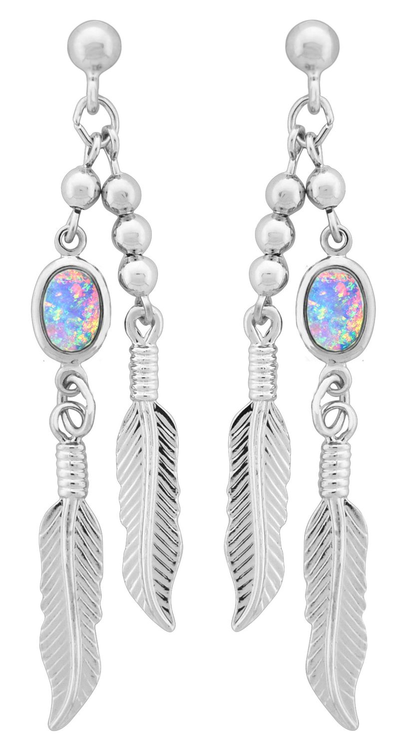 Earrings - Feather Dangle with White Opal