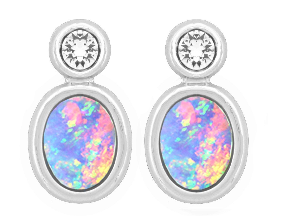 Earrings - White Opal Oval with CZ Round