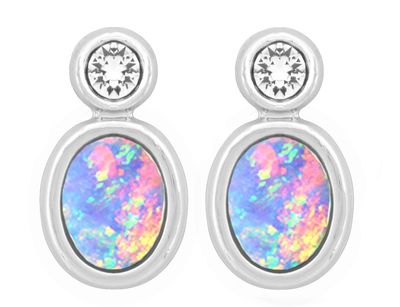 Earrings - White Opal Oval with CZ Round