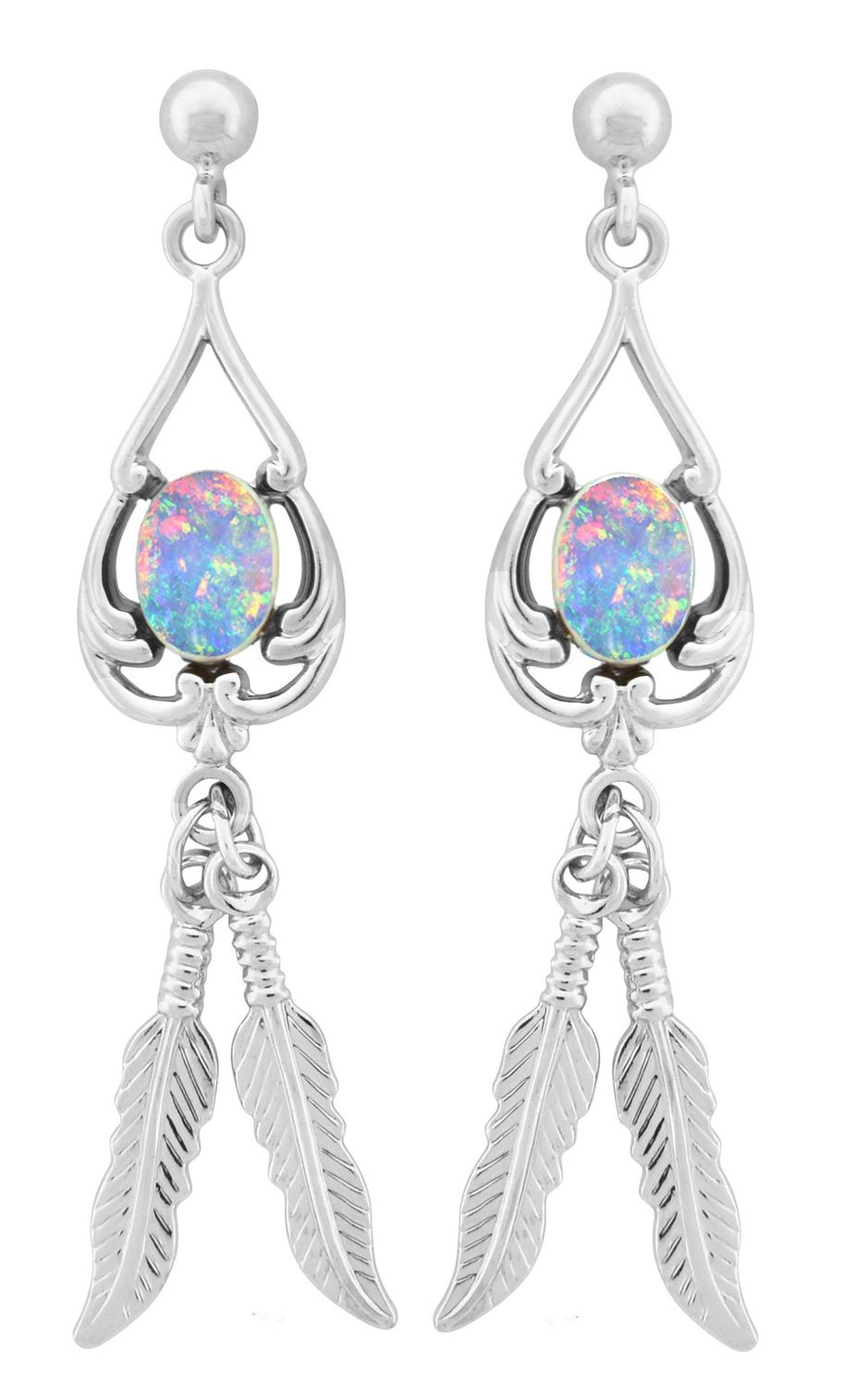 Earrings - Teardrop with Feathers and White Opal