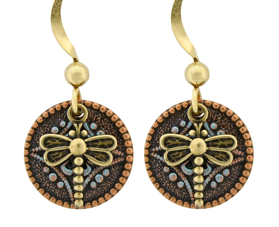 Copper and Brass Circle Dragonfly earrings