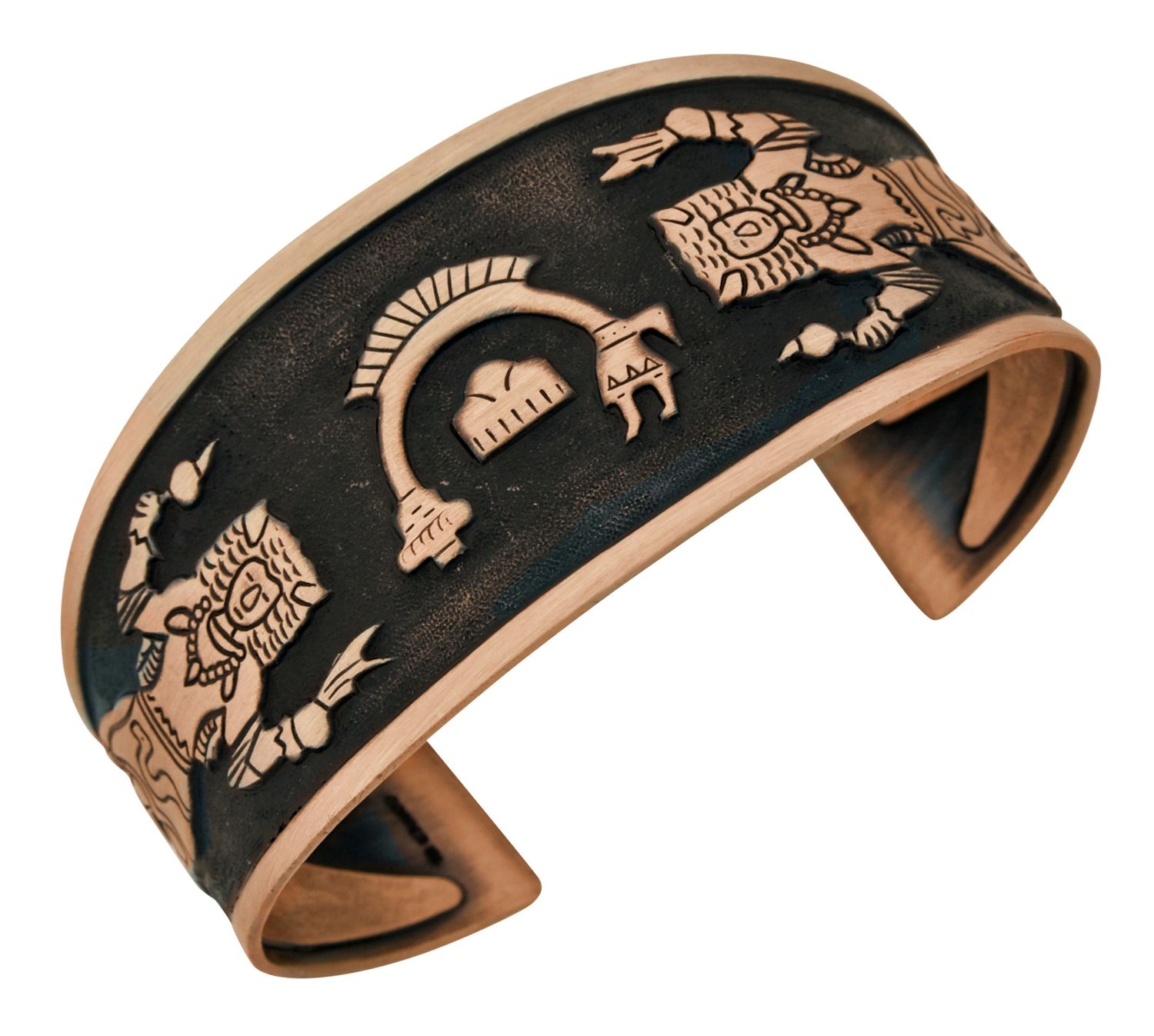 Copper Cuff Bracelet Black background Aztec