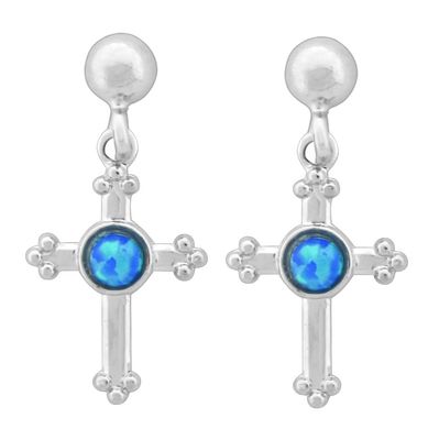Earrings - Dangling Cross Blue Opal Center