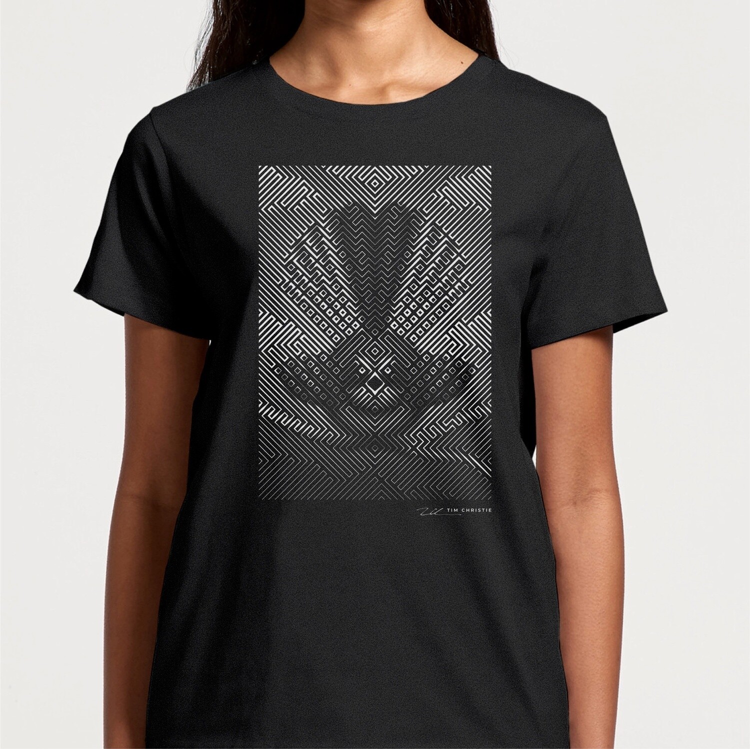 Tim Christie Art Women's Tee - Pīwakawaka, Colour: Black/White, Size: Small