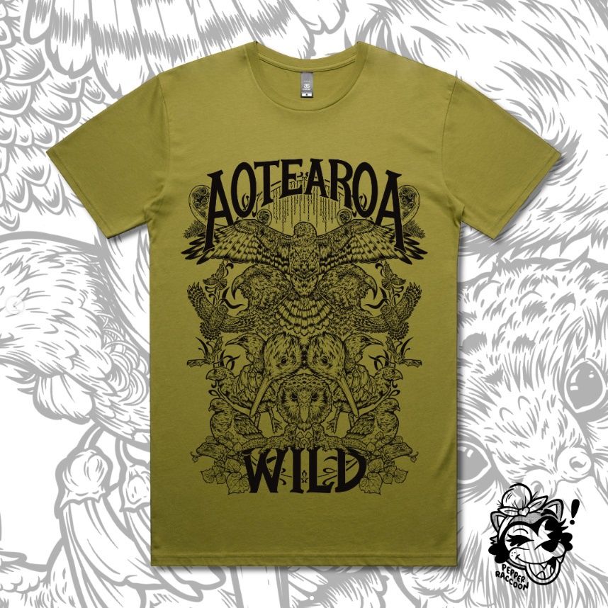 Pepper Raccoon Aotearoa Wild Tee, Colour: Moss, Size: Small