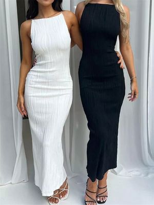 Sexy Ruched Sleeveless Slim-Fit Long Dress – Solid Summer Party Dress with Back Split (Vestido)