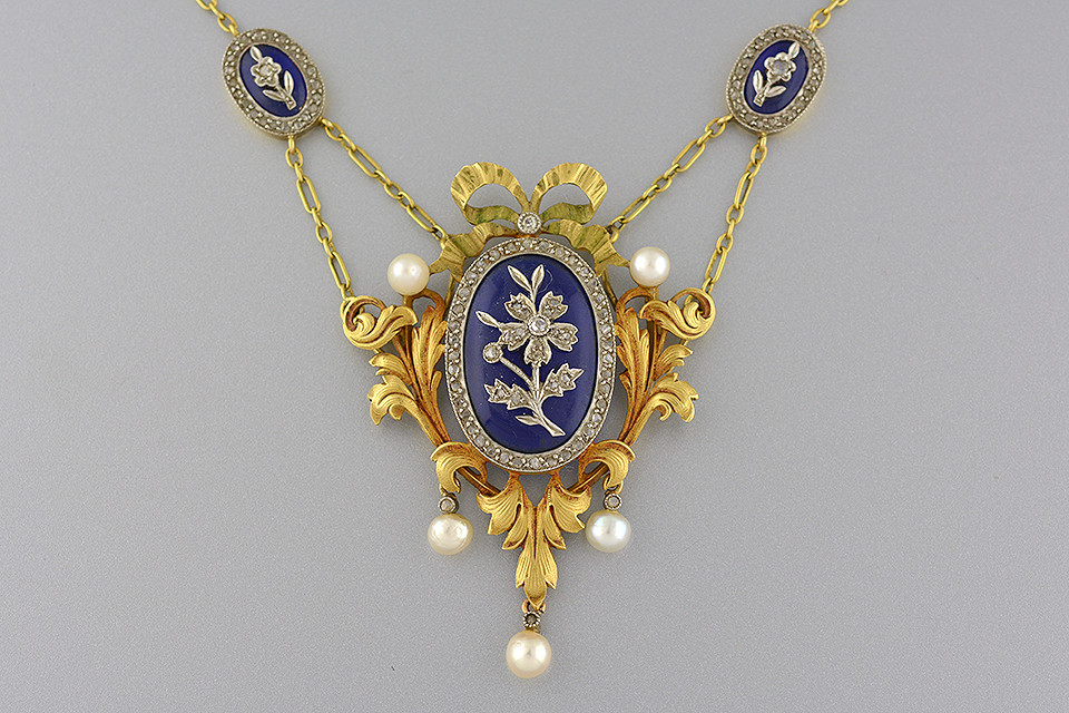 Art Nouveau Diamond and Cobalt Blue Glass Festoon Necklace