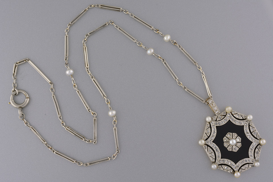 Edwardian Onyx, Pearl and Diamond Pendant